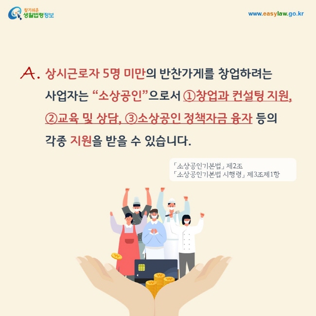 답변: 상시근로자 5명 미만의 반찬가게를 창업하려는 사업자는 “소상공인”으로서 ①창업과 컨설팅 지원, ②교육 및 상담, ③소상공인 정책자금 융자 등의
각종 지원을 받을 수 있습니다. 「소상공인기본법」 제2조 및 「소상공인기본법 시행령」 제3조제1항

